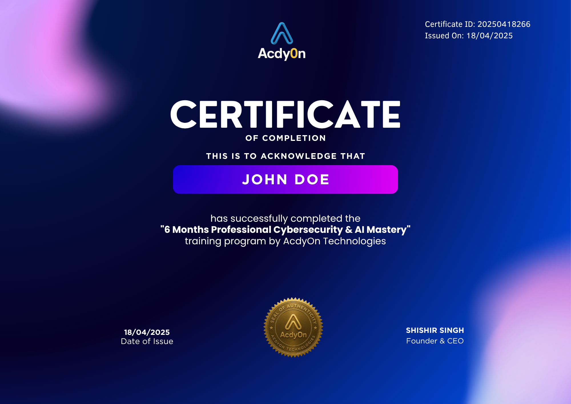 AcdyOn Cybersecurity & AI Mastery — Certificate of Completion