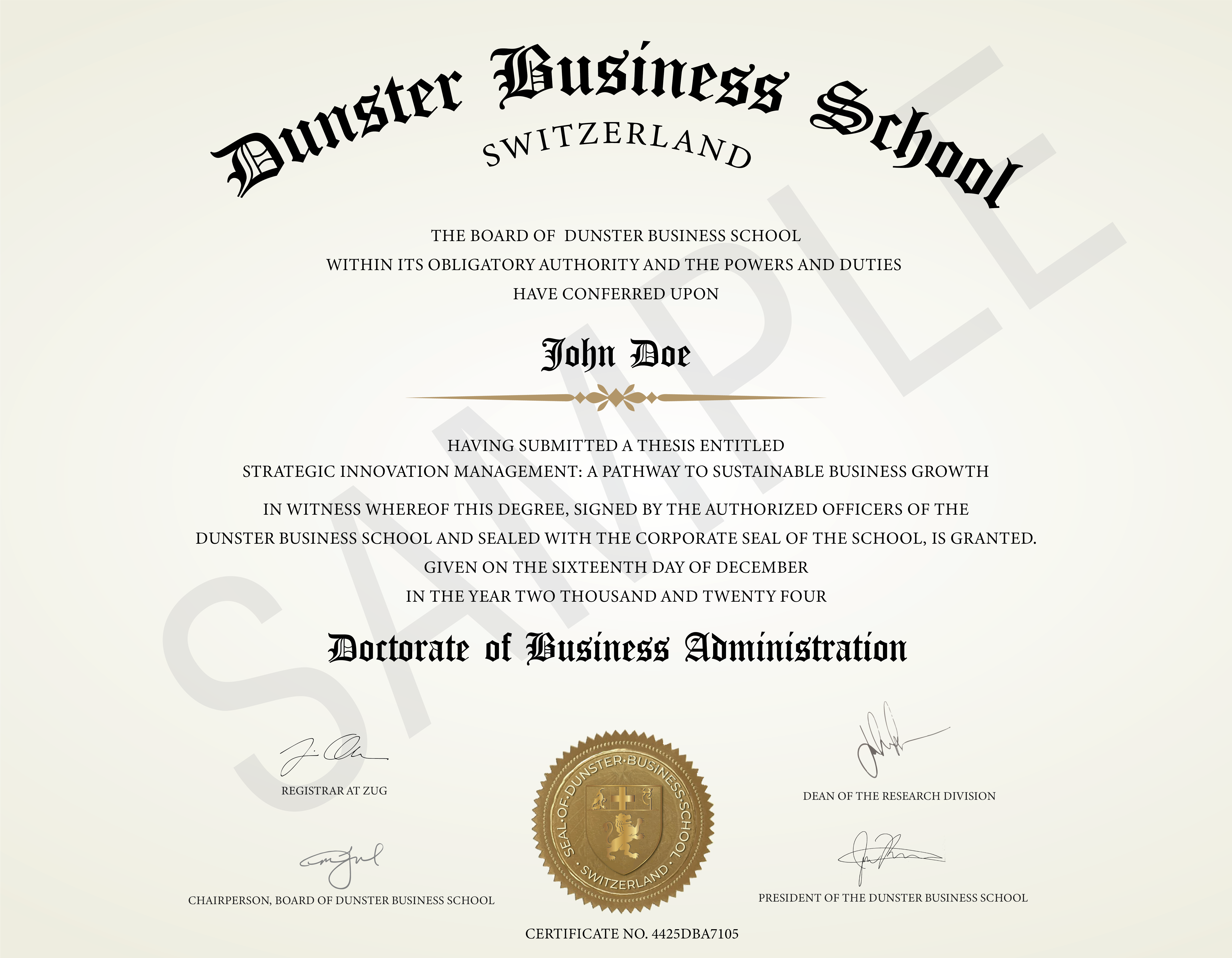 Dunster Business School Doctor of Business Administration Certificate
