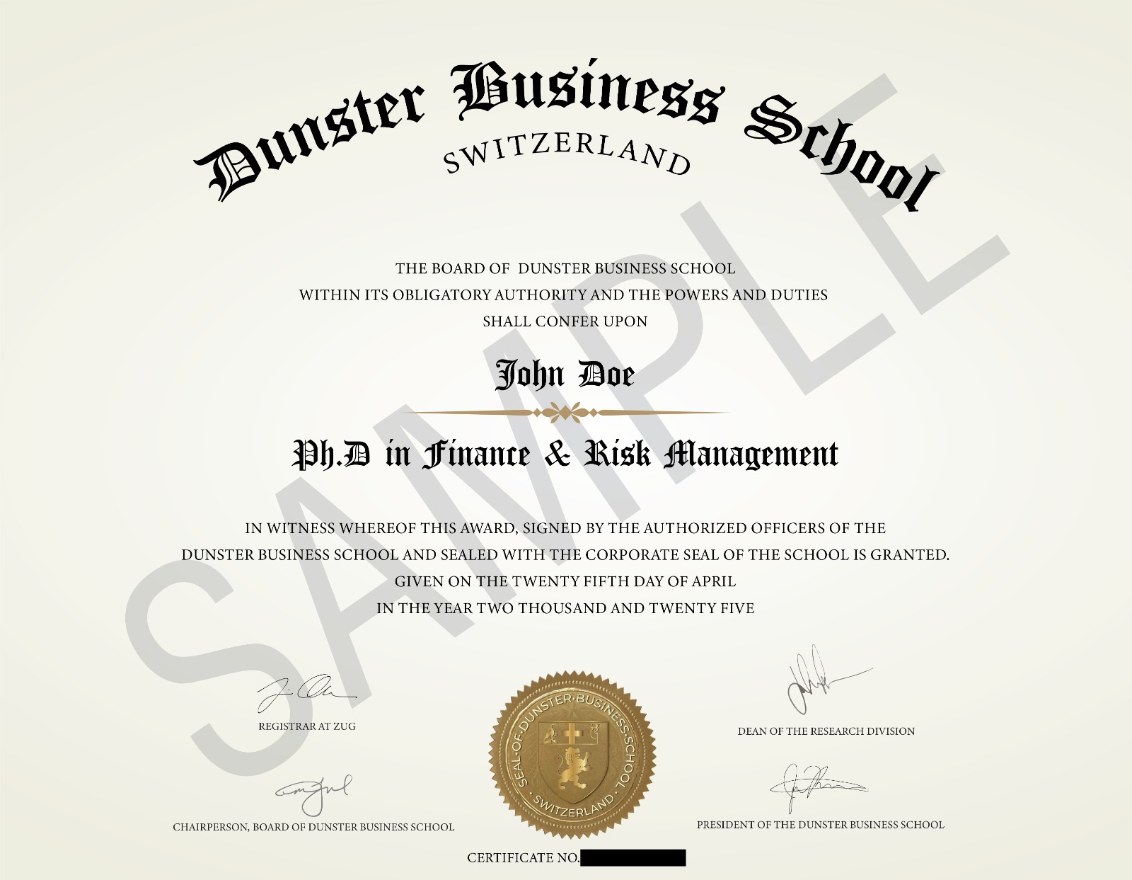 Dunster Business School PhD Certificate