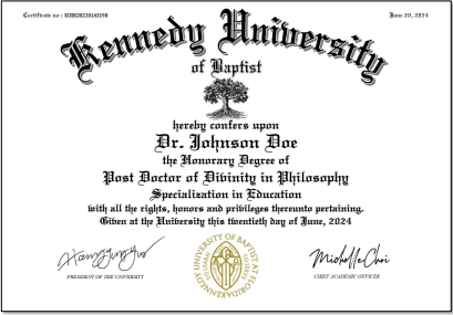 Kennedy University Honorary Doctorate Certificate